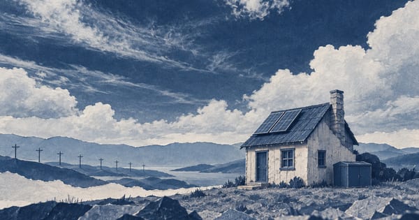 広い空の下にある小さな家、屋根の太陽光パネル、無地の蓄電池模型
