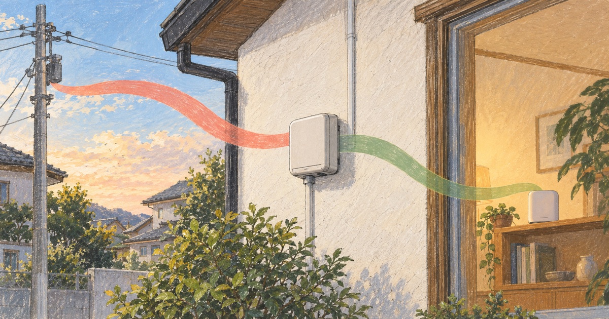 住宅の外壁の箱から電柱と室内へ伸びる赤と緑のリボン