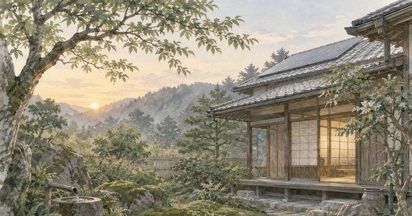 朝霧のなかの古い木造住宅の屋根と、年月を感じる苔むした庭を描く淡い水彩風景