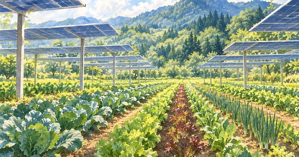 太陽光パネルの下に野菜畑が広がる水彩風景