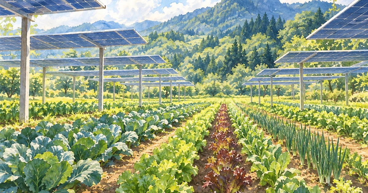 太陽光パネルの下に野菜畑が広がる水彩風景