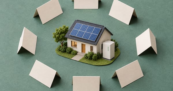 空白の紙片に囲まれた太陽光屋根の小さな家と無地の蓄電池模型