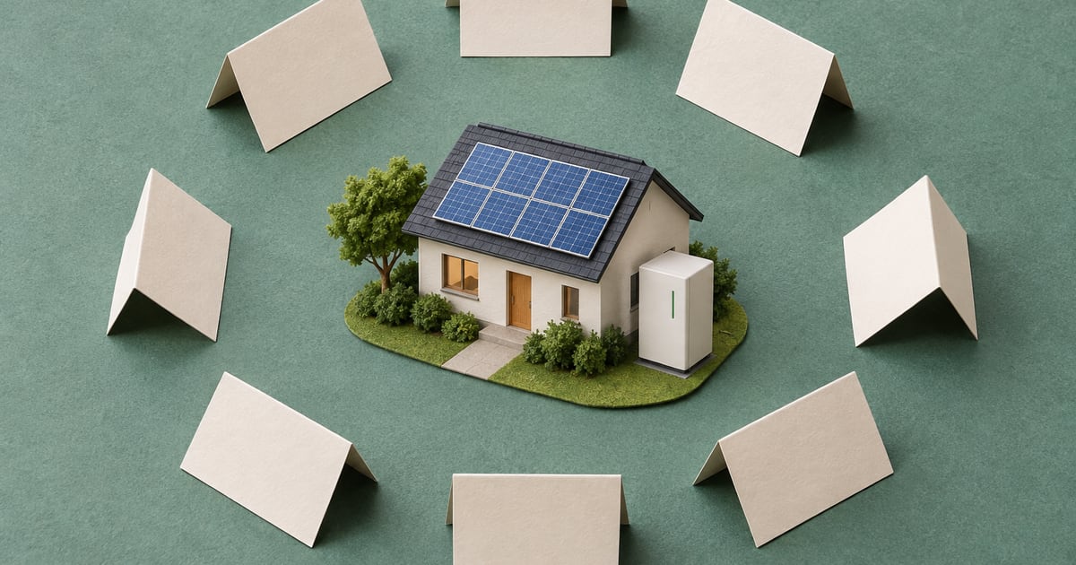 空白の紙片に囲まれた太陽光屋根の小さな家と無地の蓄電池模型
