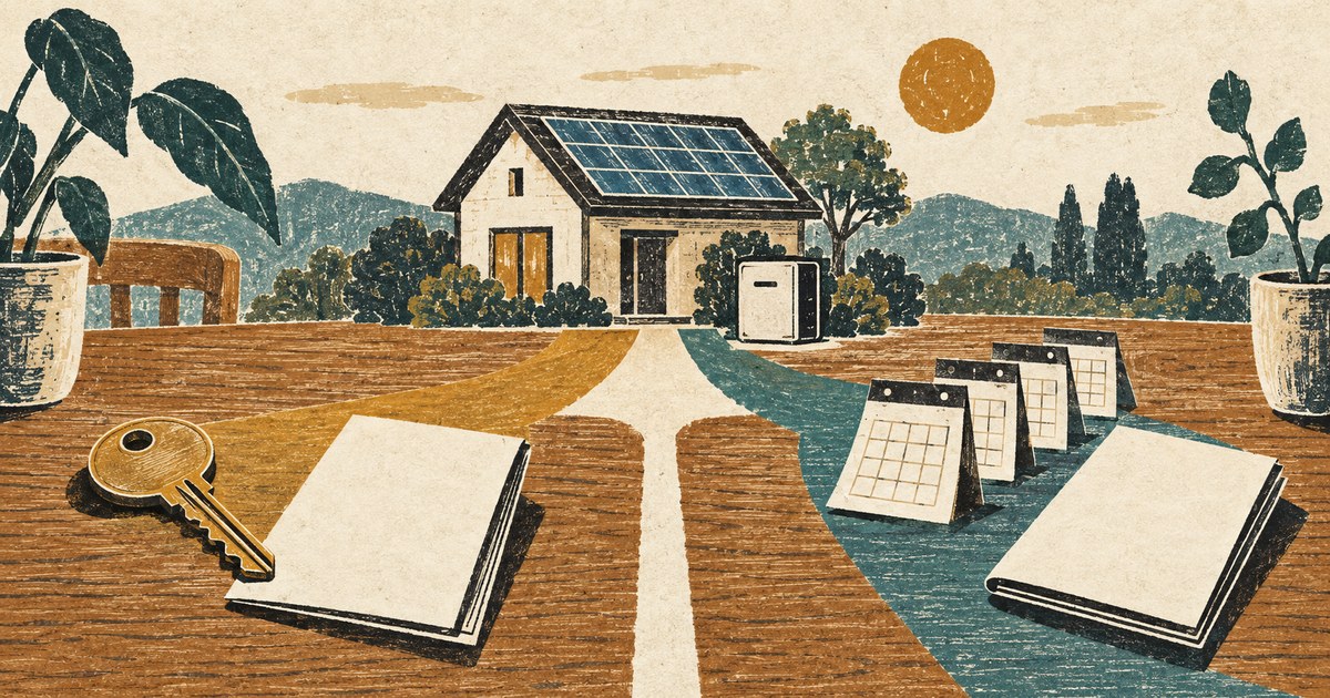 太陽光と蓄電池を備える住宅から、所有と継続契約の二つの選択肢へ分かれる版画