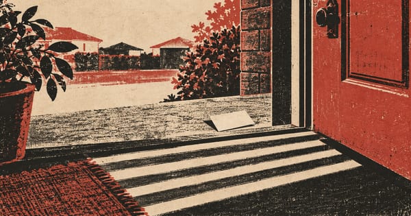 玄関の敷居に伸びる縞模様の影と無地の名刺を描いた版画