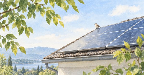 屋根の太陽光パネルの端に小鳥が一羽とまる様子を、遠くの地上から描いた淡い水彩画