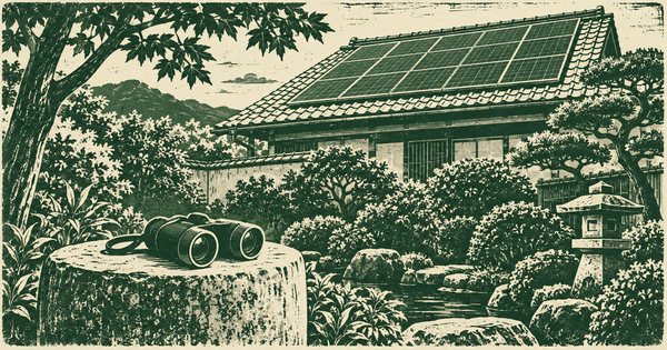 庭から見上げる太陽光パネルのある屋根と、石の腰掛けの双眼鏡を描いた版画