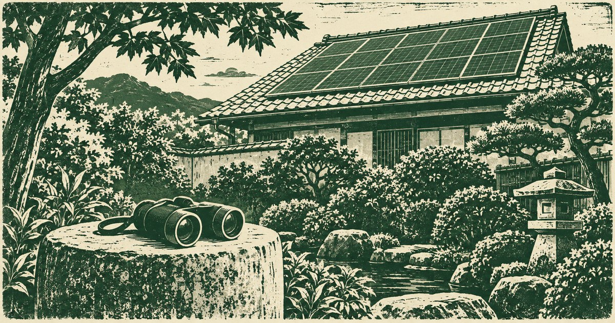 庭から見上げる太陽光パネルのある屋根と、石の腰掛けの双眼鏡を描いた版画