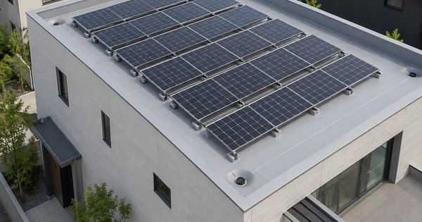 屋上の低いパラペット越しに見える、平らな屋根に整然と並んだ無記名の太陽光パネルを上空から写した写真