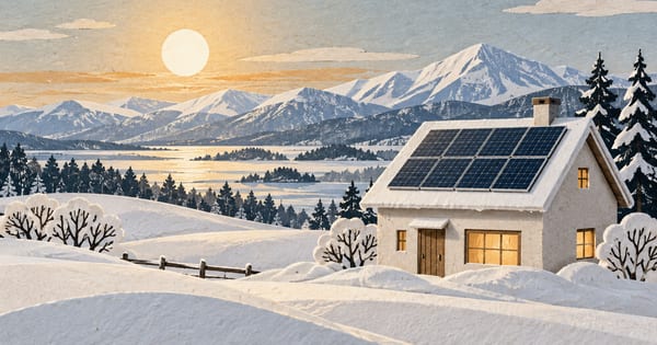 紙の雪原と低い冬の日の光の中にある太陽光パネル付きの小さな家