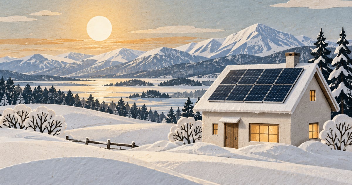 紙の雪原と低い冬の日の光の中にある太陽光パネル付きの小さな家