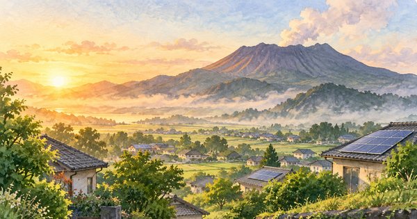 朝霧の九州らしい緑の平野と、遠くに見える太陽光パネルのある住宅地を描いた水彩風景