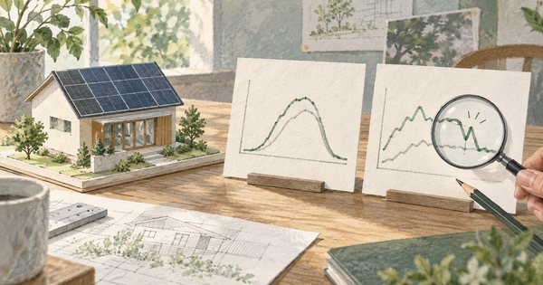 屋根の太陽光発電を備えた住宅模型と二つの発電量グラフを見比べる机