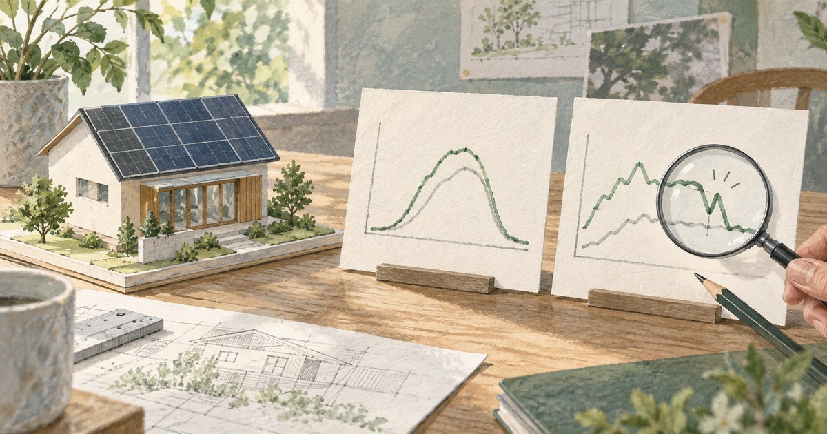 屋根の太陽光発電を備えた住宅模型と二つの発電量グラフを見比べる机