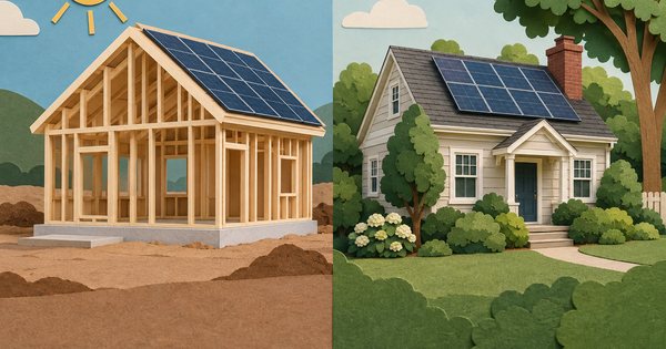 片側に建築中の無記名の家模型、反対側に木の育った既存住宅模型を置いた切り紙の対比