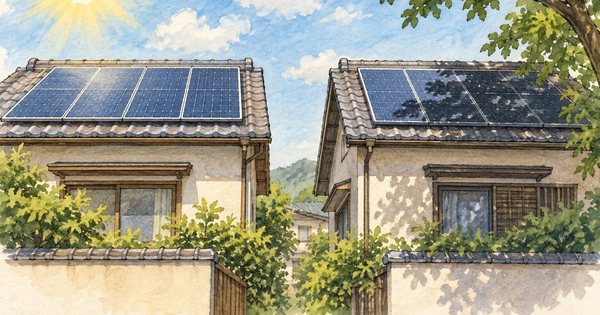 日向の太陽光パネルと、木の影が一部にかかる太陽光パネルを並べた手描きの屋根風景