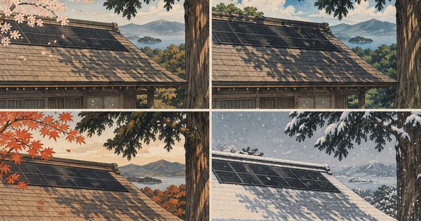 太陽光パネルのある杉板屋根と季節の影を描いた木版画