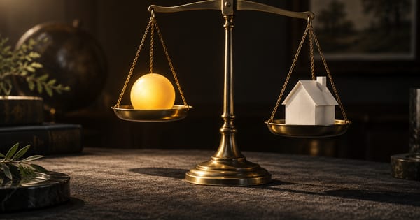 太陽の円盤と紙の家を両端に置いた真鍮の天秤