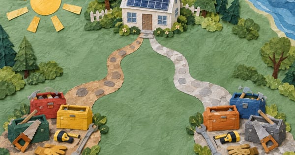 太陽光のある家から、二つの無地の工具箱の集まりへ続く紙の道