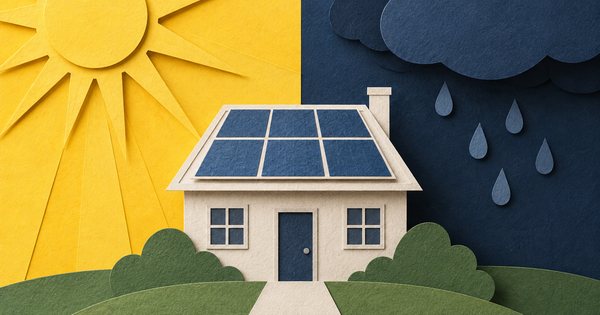明るい黄色の太陽と深い紺色の雲を左右に置き、その間に小さな屋根を置いた二色の切り紙