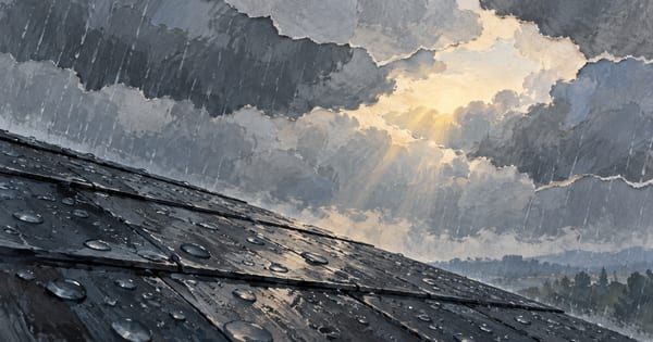 雨粒のある暗い屋根面と雲間の淡い光を描いたガッシュ画