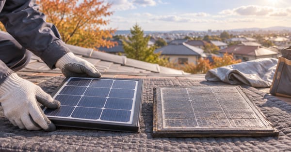 屋根の作業マット上に置かれた新旧の小さな太陽電池パネルと手袋