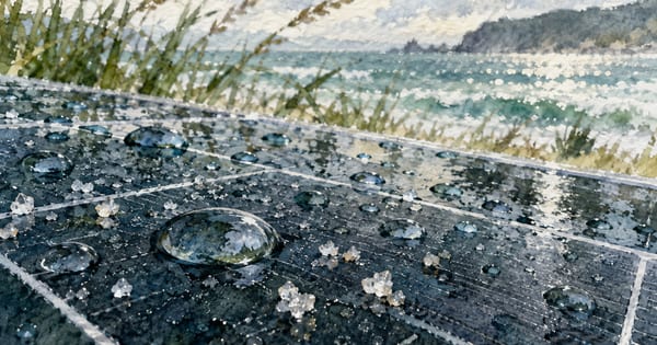 水滴と塩の結晶がある暗い太陽電池表面を描いた水彩