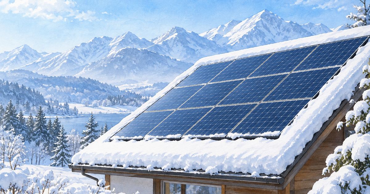 雪の屋根の太陽光パネルと山を描いた冬の水彩