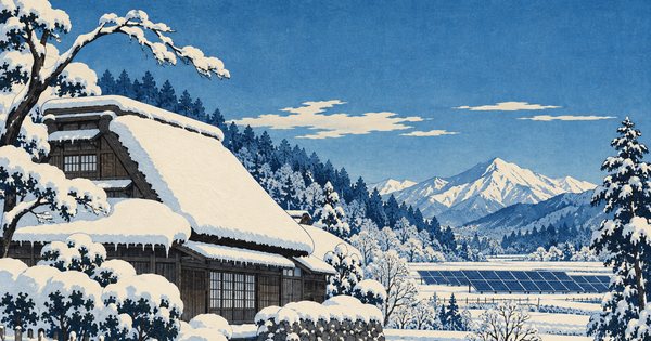 雪を載せた住宅屋根を遠景で見上げ、青い影と白い空を描く木版画風の冬景色