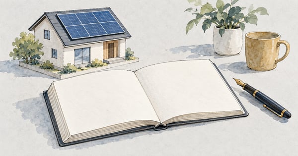 太陽光のある屋根模型と白紙の帳面を描いた水彩画