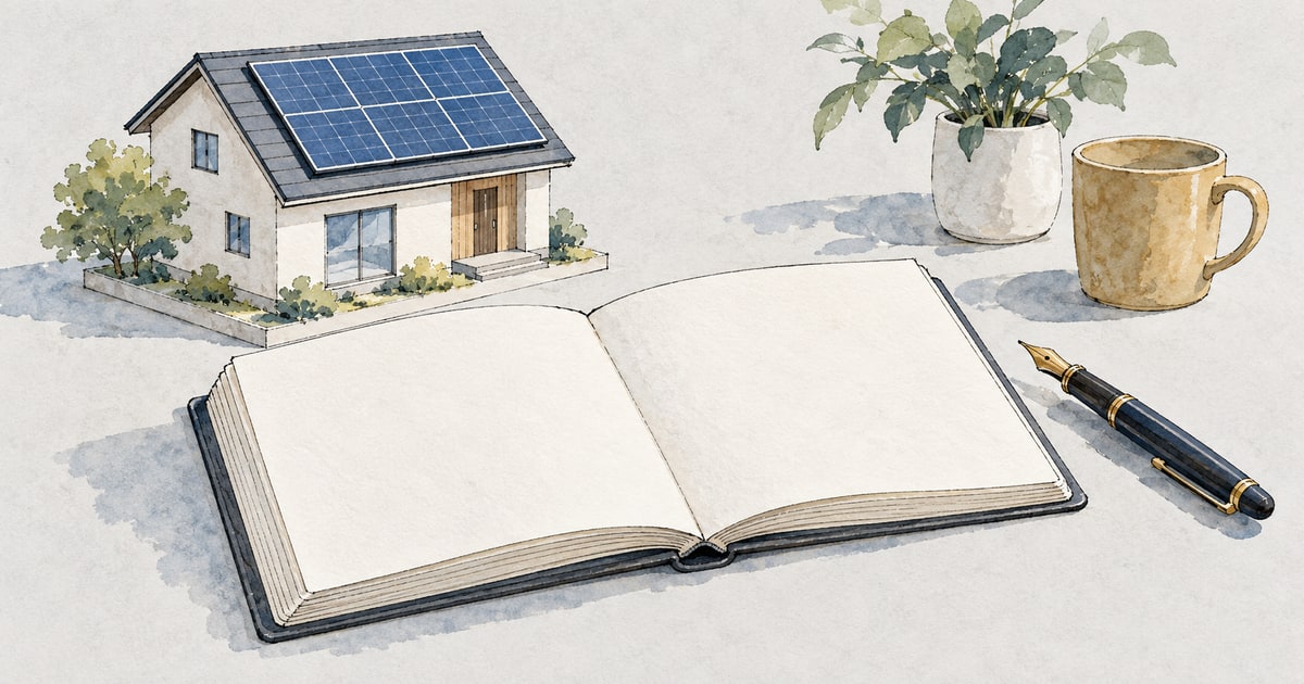 太陽光のある屋根模型と白紙の帳面を描いた水彩画