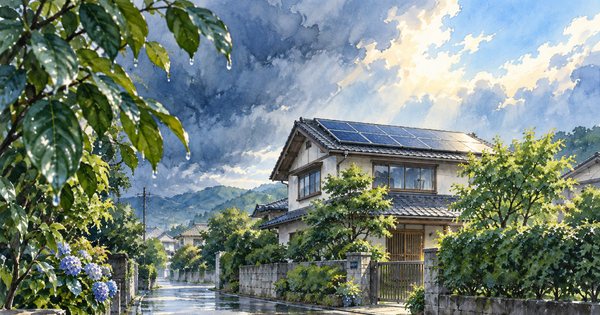台風の後に澄んだ空の下で、無傷に見える住宅屋根と濡れた葉を遠景で写した水彩画