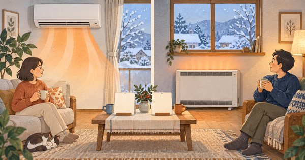 壁掛けエアコンと窓下の蓄熱式電気暖房器で冬の部屋を暖める二つの選択肢