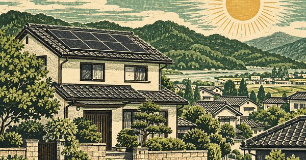 太陽光のある郊外住宅と丘を彫った緑の版画