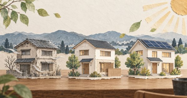 古い住宅から断熱住宅、屋根に太陽光パネルを備えた住宅へ変わる様子を示した紙工作