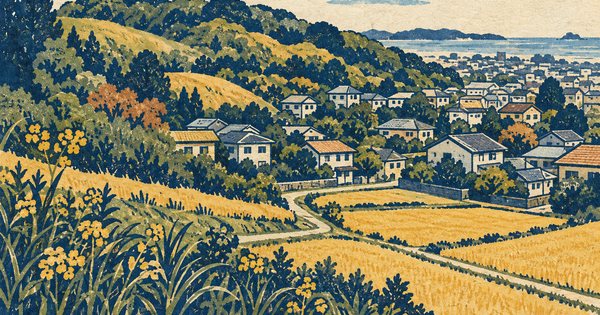 房総の低い丘と住宅地を藍と黄土の手彩色版画で描いた地域風景