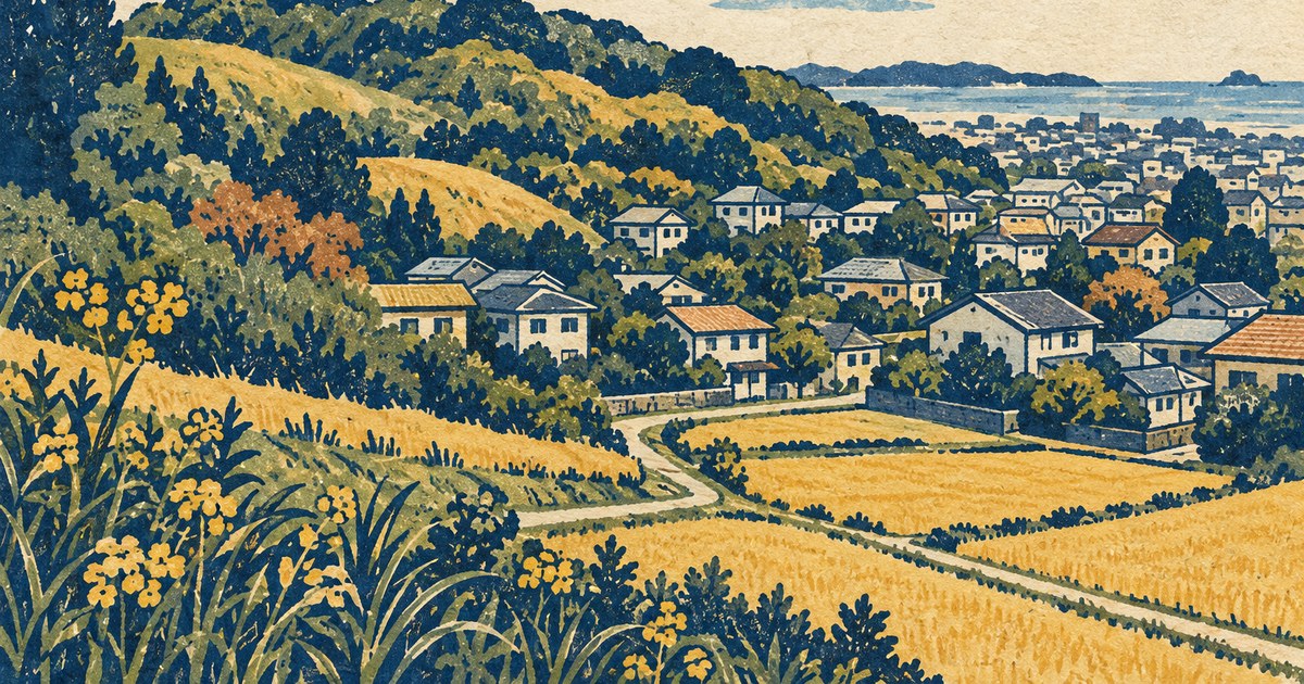 房総の低い丘と住宅地を藍と黄土の手彩色版画で描いた地域風景