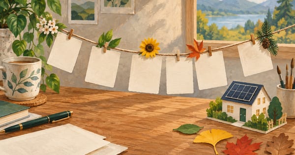 曲線の糸に留めた空白の紙片と、小さな屋根の家、季節の葉
