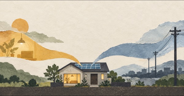 切り絵で描いた太陽光パネルのある戸建て住宅と、家庭と送電網へ伸びる二つの抽象的な紙の帯