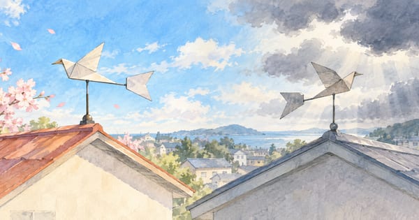 別々の屋根に立つ二つの紙の風見鶏と変わる雲影の水彩