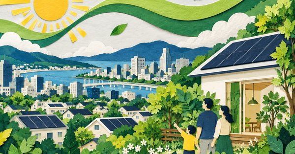 太陽光のある屋根と木々を切り紙で重ねた緑の街並み