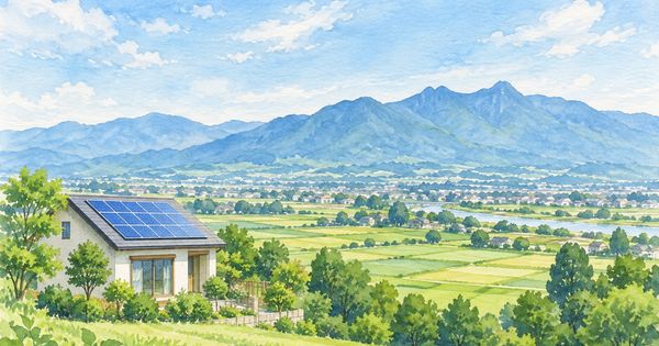 太陽光屋根のある群馬の平野と山を描いた水彩
