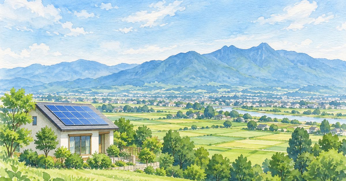 太陽光屋根のある群馬の平野と山を描いた水彩