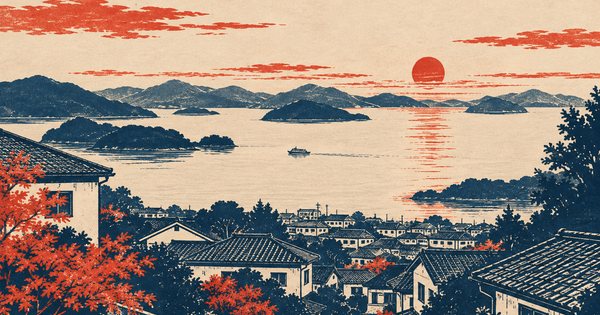 瀬戸内の島影と広島の住宅地を、朱と深藍の二色で表した手刷り版画