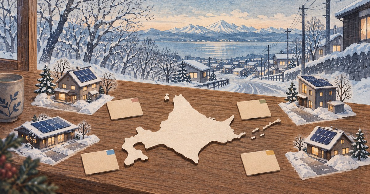 北海道の地図模型を中心に、雪国の太陽光付き住宅と自治体の資料を並べた風景