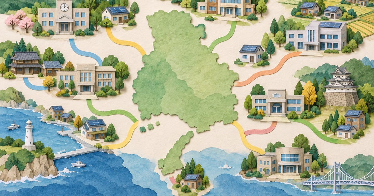 紙の地図の周りに並ぶ多様な町の家と建物