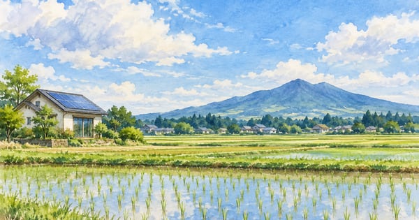 田園と太陽光屋根を描いた茨城の風景水彩