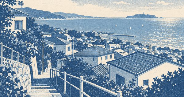 海に近い神奈川の丘陵住宅地を、青緑と朱の二色で描くリソグラフ風景