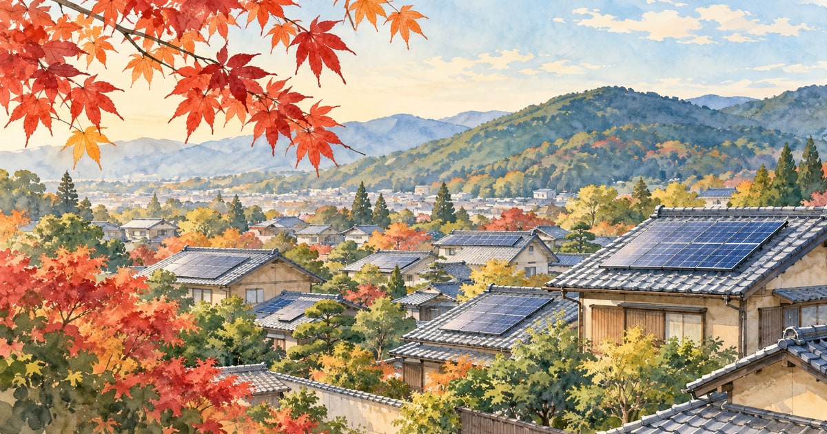 太陽光パネルのある京都らしい屋根と丘を描いた秋の水彩画