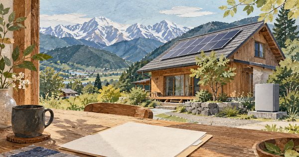 長野の山並みを背にした太陽光屋根の木造住宅と、手前の無地の申請準備用紙